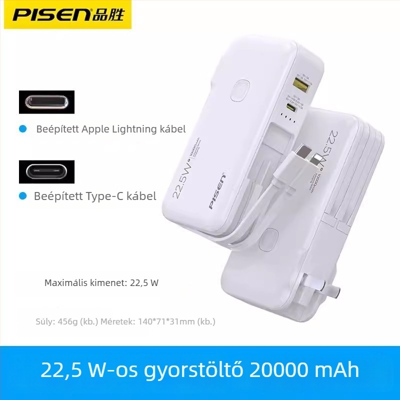 Pisen Power Bank beépített kábellel, 10500mAh, 22.5W PD, ultra vékony, kompakt