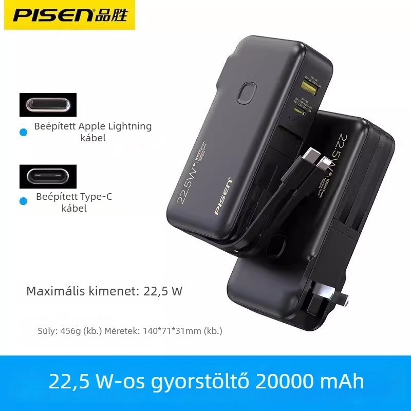 Pisen Power Bank beépített kábellel, 10500mAh, 22.5W PD, ultra vékony, kompakt