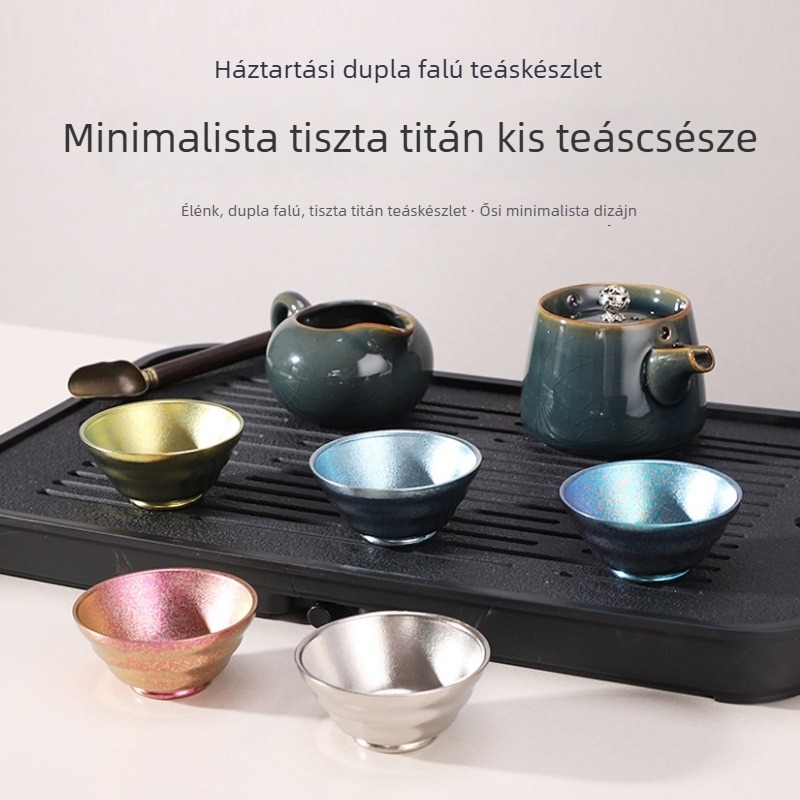 Tiszta titánból készült teáscsésze, minimalistikus kínai stílus, dupla falú teás készlet otthoni és kempingezési használatra, egyéni vagy csoportos teázáshoz