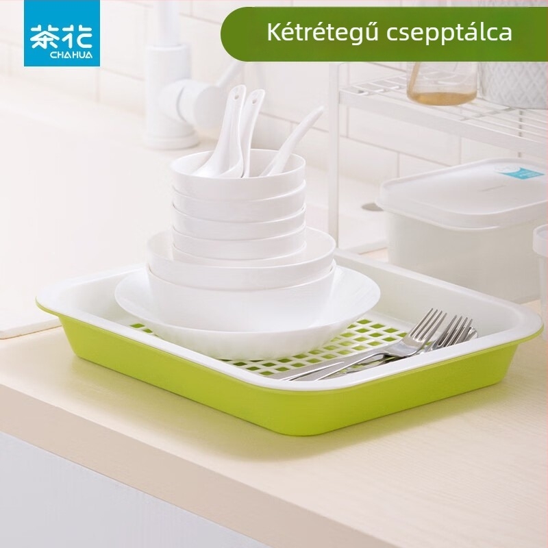 CHAHUA Műanyag négyzetes teás tálca a konyhához, szárító- és csepegtető tálca teához, fejjel lefelé tárolható poharakkal, gyümölcstea