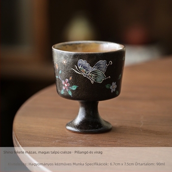 Shino fekete mázas kerámia teáscsésze ezüst pillangó mintával, kézzel készített porcelán, vintage stílus