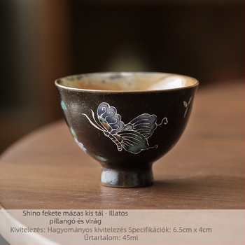 Shino fekete mázas kerámia teáscsésze ezüst pillangó mintával, kézzel készített porcelán, vintage stílus