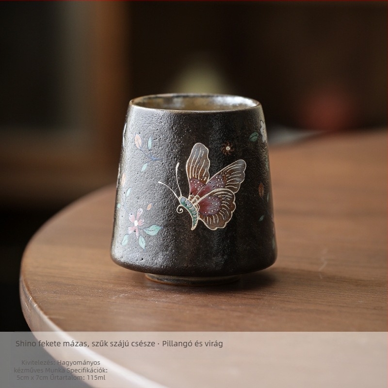 Shino fekete mázas kerámia teáscsésze ezüst pillangó mintával, kézzel készített porcelán, vintage stílus