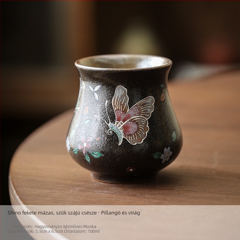 Shino fekete mázas kerámia teáscsésze ezüst pillangó mintával, kézzel készített porcelán, vintage stílus