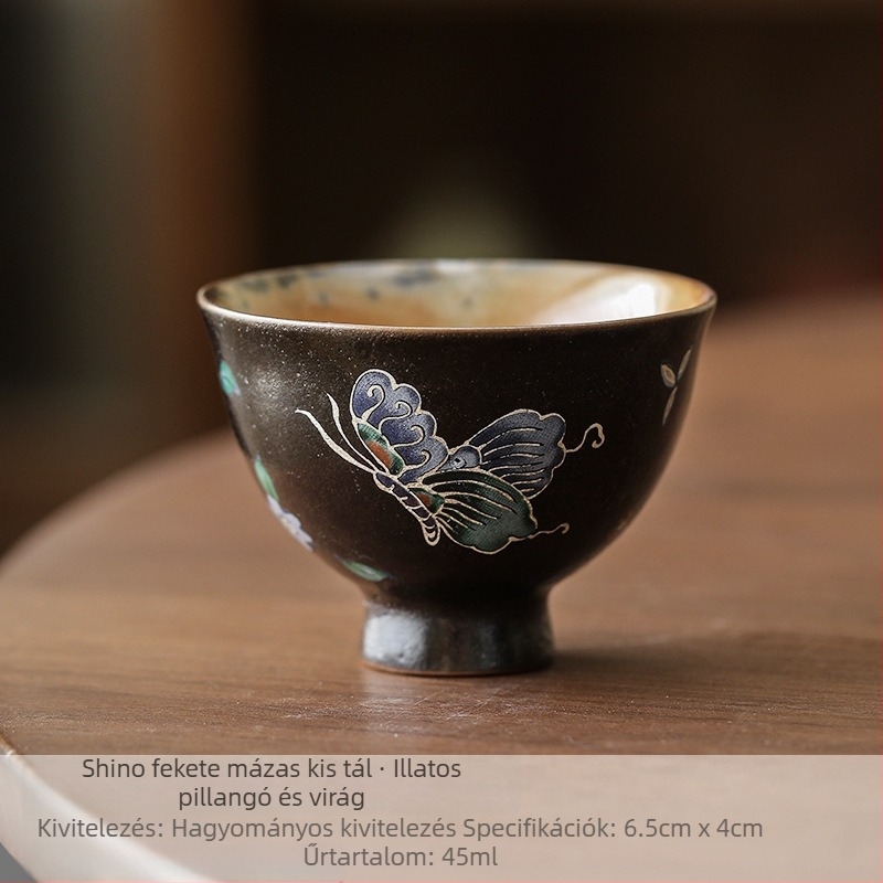 Shino fekete mázas kerámia teáscsésze ezüst pillangó mintával, kézzel készített porcelán, vintage stílus