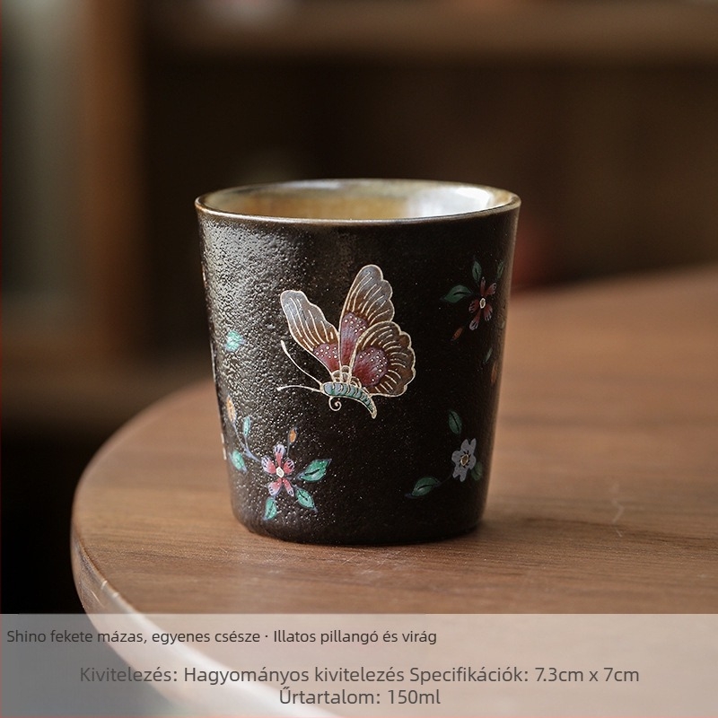 Shino fekete mázas kerámia teáscsésze ezüst pillangó mintával, kézzel készített porcelán, vintage stílus