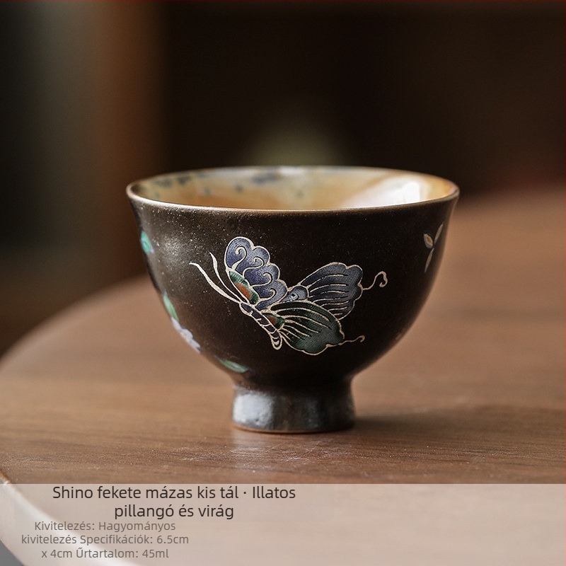 Shino fekete mázas kerámia teáscsésze ezüst pillangó mintával, kézzel készített porcelán, vintage stílus