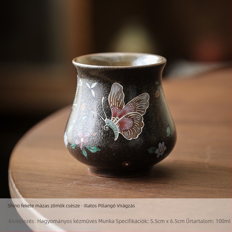 Shino fekete mázas kerámia teáscsésze ezüst pillangó mintával, kézzel készített porcelán, vintage stílus