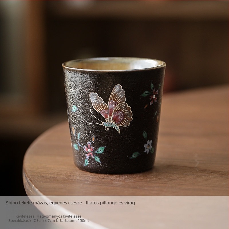 Shino fekete mázas kerámia teáscsésze ezüst pillangó mintával, kézzel készített porcelán, vintage stílus
