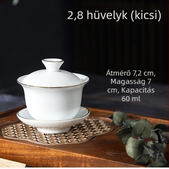 3 részes gaiwan készlet: fehér porcelán, arany szegély és háromszínű máz, mini Gongfu teáscsésze
