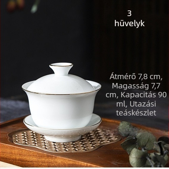 3 részes gaiwan készlet: fehér porcelán, arany szegély és háromszínű máz, mini Gongfu teáscsésze