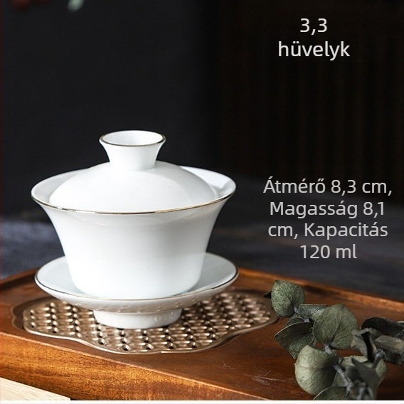 3 részes gaiwan készlet: fehér porcelán, arany szegély és háromszínű máz, mini Gongfu teáscsésze