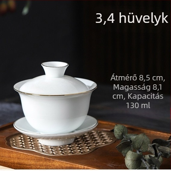 3 részes gaiwan készlet: fehér porcelán, arany szegély és háromszínű máz, mini Gongfu teáscsésze