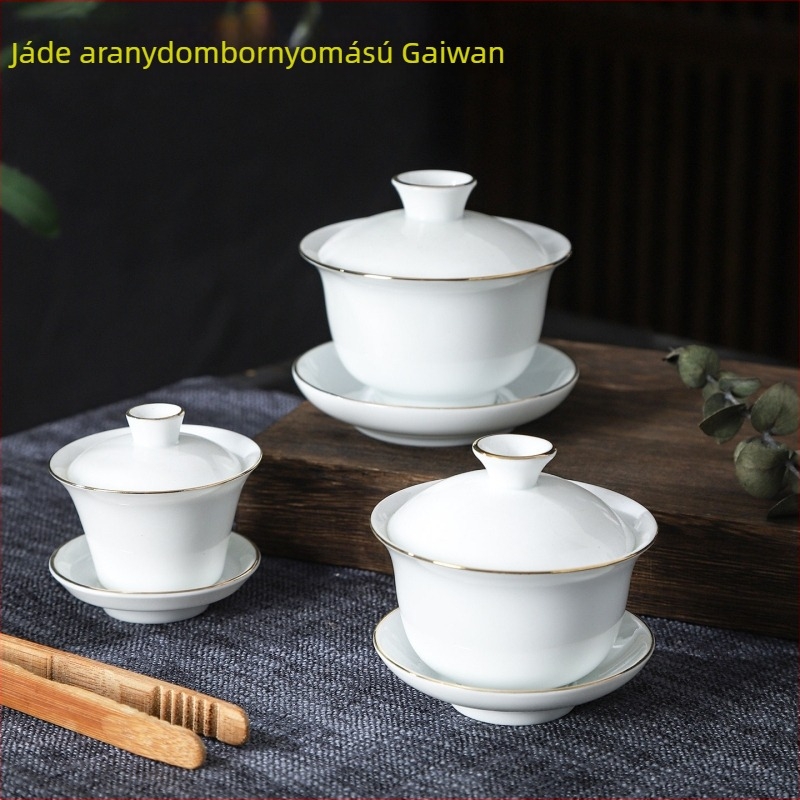 3 részes gaiwan készlet: fehér porcelán, arany szegély és háromszínű máz, mini Gongfu teáscsésze