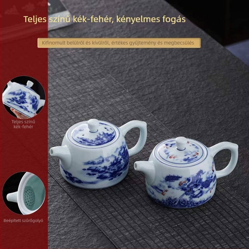 Kung Fu teáskanna kék-fehér porcelánból, 250 ml, kézzel festett, letisztult stílus