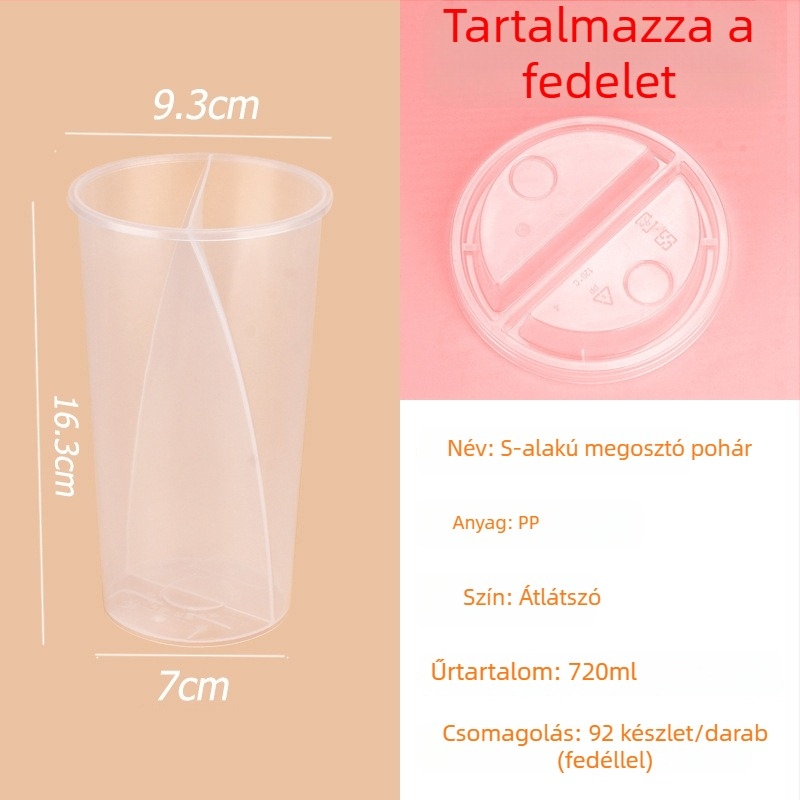 S‑alakú megosztó pohár két ízű italokhoz, hideg italokhoz és desszertekhez, egyszer használatos tej-tea pohár