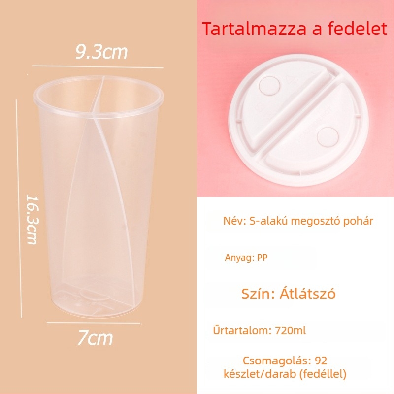 S‑alakú megosztó pohár két ízű italokhoz, hideg italokhoz és desszertekhez, egyszer használatos tej-tea pohár
