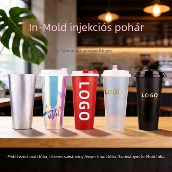 Egyszer használatos tejes teás pohár 90 mm-es átmérővel, belső szivárvány holografikus filmmel, injekciós formájú PP anyag, 701-800 ml, forró vagy hideg italokhoz
