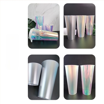 Egyszer használatos tejes teás pohár 90 mm-es átmérővel, belső szivárvány holografikus filmmel, injekciós formájú PP anyag, 701-800 ml, forró vagy hideg italokhoz