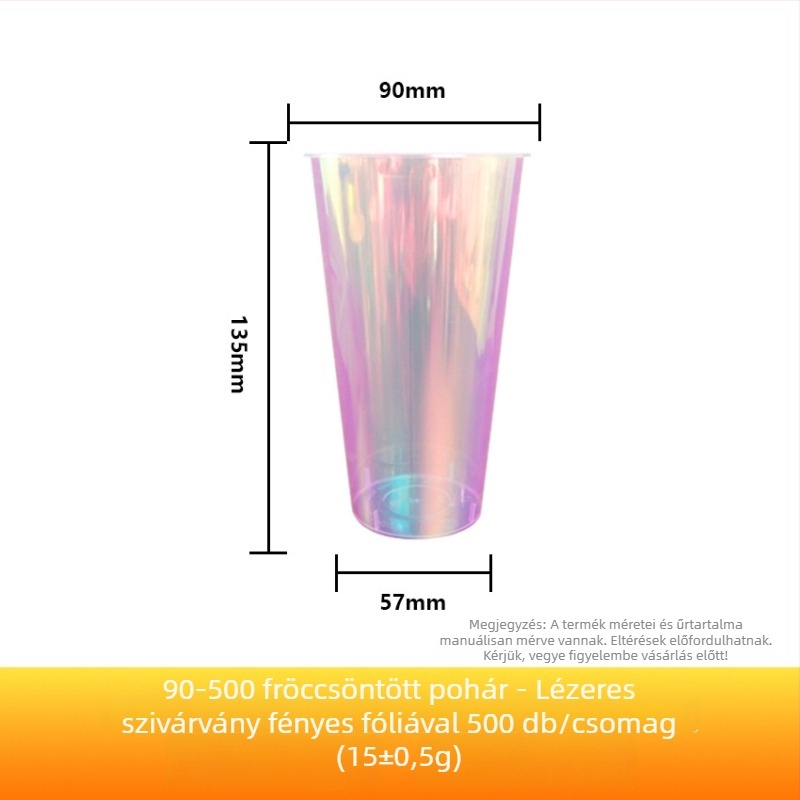 Egyszer használatos tejes teás pohár 90 mm-es átmérővel, belső szivárvány holografikus filmmel, injekciós formájú PP anyag, 701-800 ml, forró vagy hideg italokhoz