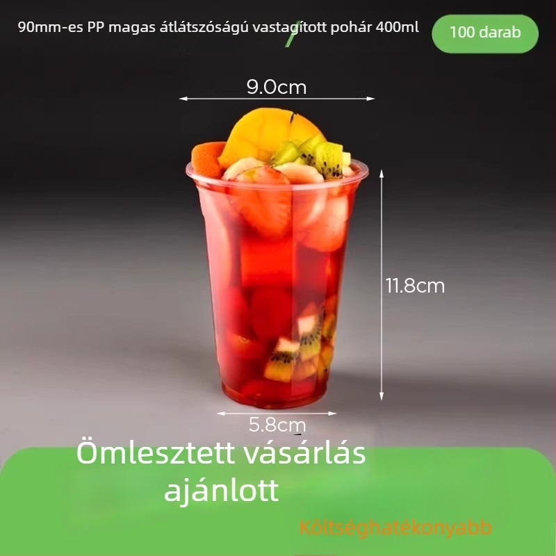 90 mm átmérőjű áttetsző PP egyszerhasználatos tej-tea pohár, megerősített műanyag pohár, 400-700 ml