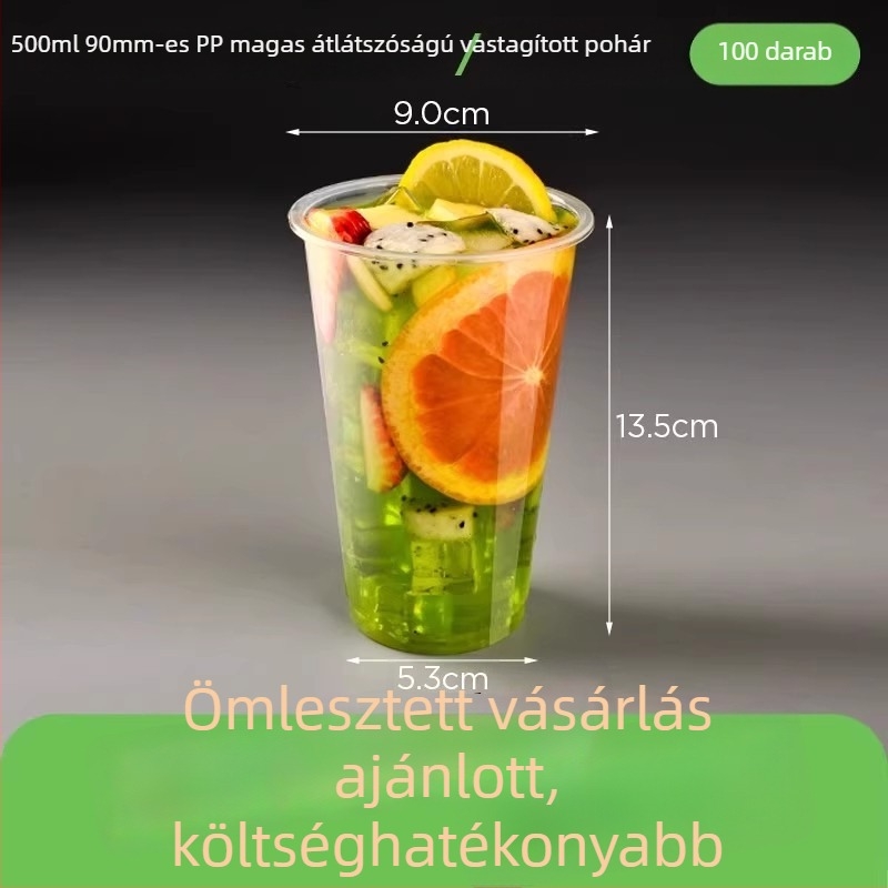 90 mm átmérőjű áttetsző PP egyszerhasználatos tej-tea pohár, megerősített műanyag pohár, 400-700 ml