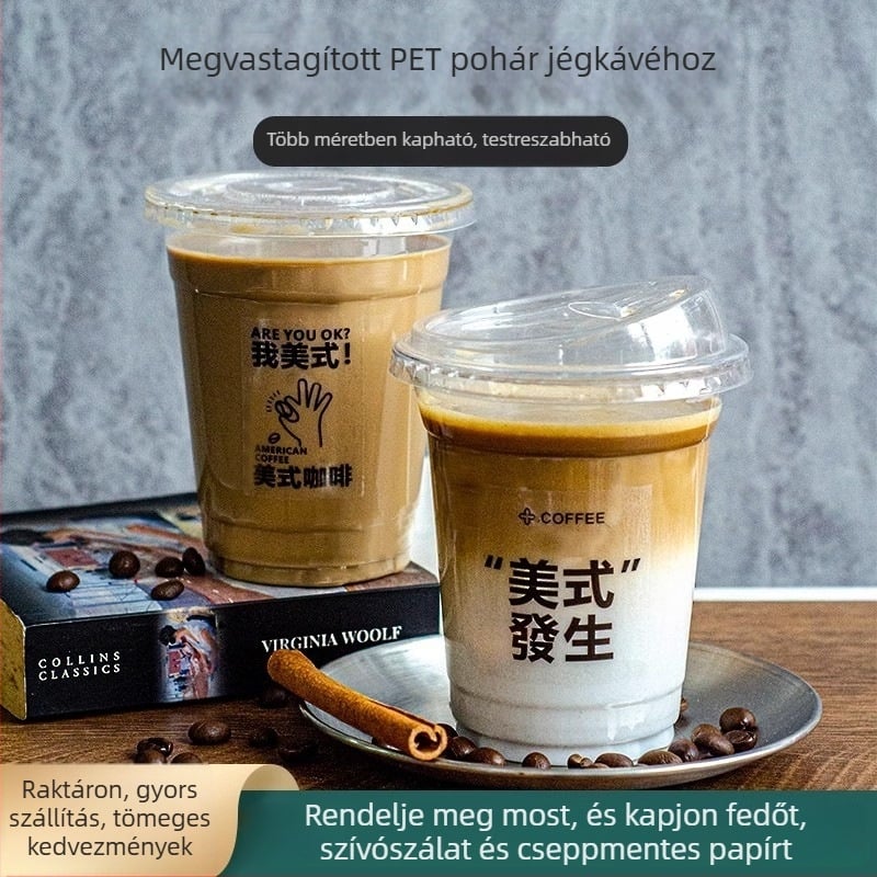 Egyszer használatos, átlátszó PET pohár hideg italokhoz fedővel, 260–500 ml, tej-tea és latte kávé, logóval