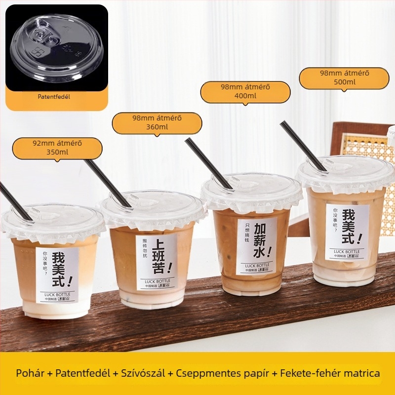Egyszer használatos, átlátszó PET pohár hideg italokhoz fedővel, 260–500 ml, tej-tea és latte kávé, logóval