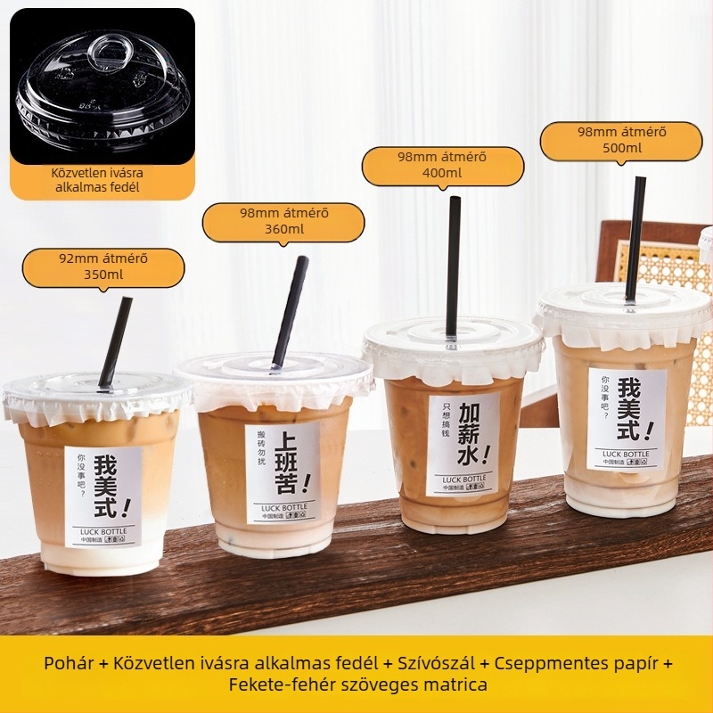 Egyszer használatos, átlátszó PET pohár hideg italokhoz fedővel, 260–500 ml, tej-tea és latte kávé, logóval