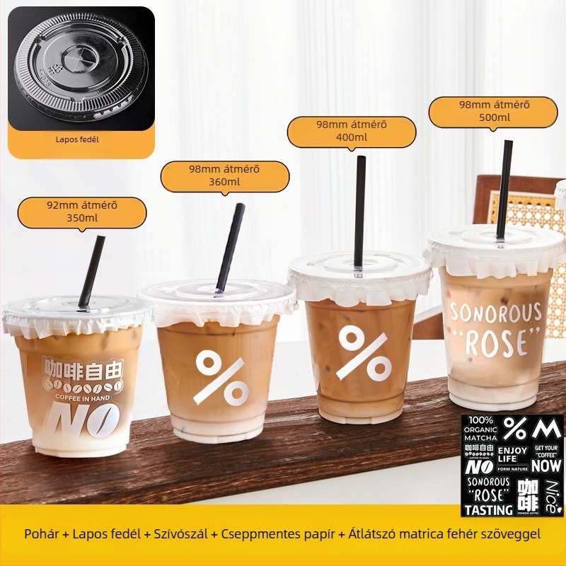 Egyszer használatos, átlátszó PET pohár hideg italokhoz fedővel, 260–500 ml, tej-tea és latte kávé, logóval