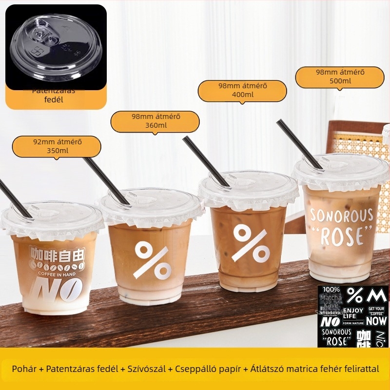 Egyszer használatos, átlátszó PET pohár hideg italokhoz fedővel, 260–500 ml, tej-tea és latte kávé, logóval