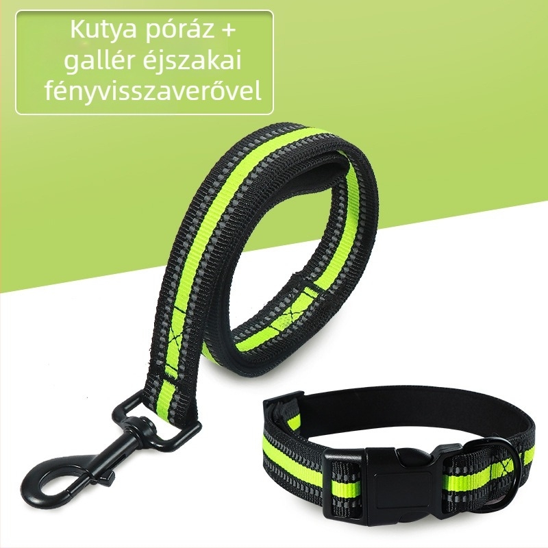 Nylonból készült kutyapóráz és nyakörv készlet, kettős rétegű, több színű fényvisszaverő kötéllel