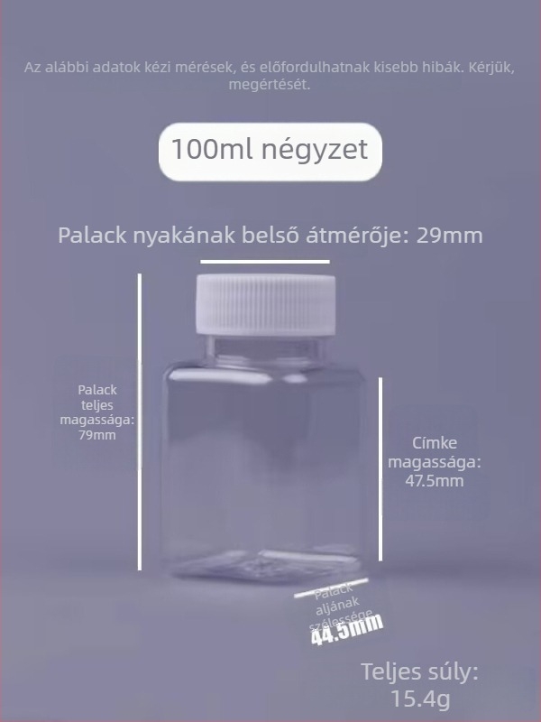 30 ml-es négyszögletes, átlátszó PET műanyag tablettás üveg széles nyílással és csavaros kupakkal