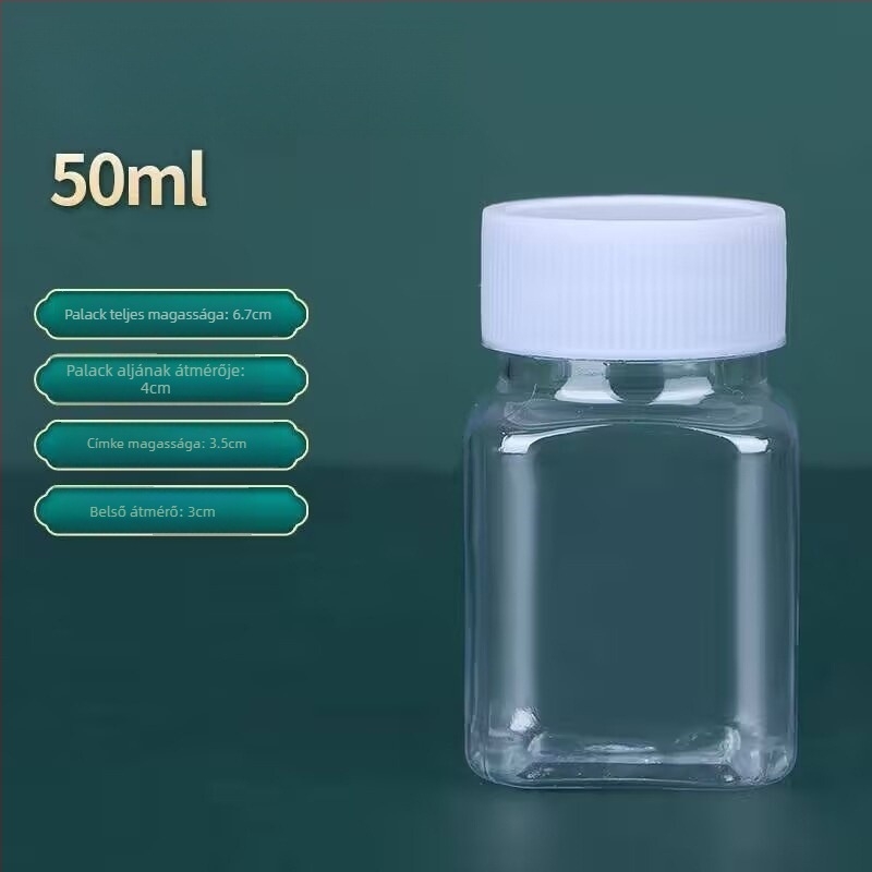 30 ml-es négyszögletes, átlátszó PET műanyag tablettás üveg széles nyílással és csavaros kupakkal