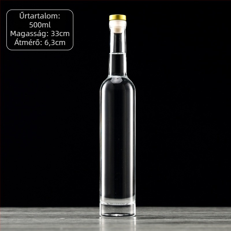 Keskeny kristályüveg vodkához és borhoz, átlátszó vagy matt felülettel, üres italüveg. Elérhető méretek: 200 ml, 375 ml és 500 ml (ovális vagy hosszúkás forma).