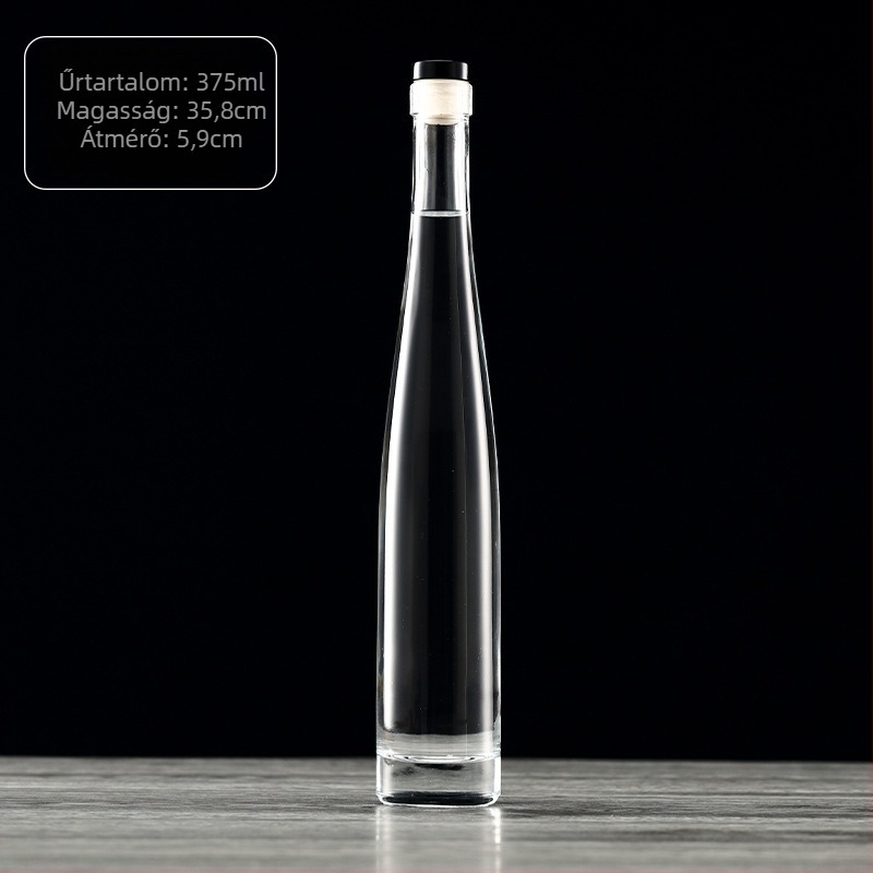 Keskeny kristályüveg vodkához és borhoz, átlátszó vagy matt felülettel, üres italüveg. Elérhető méretek: 200 ml, 375 ml és 500 ml (ovális vagy hosszúkás forma).