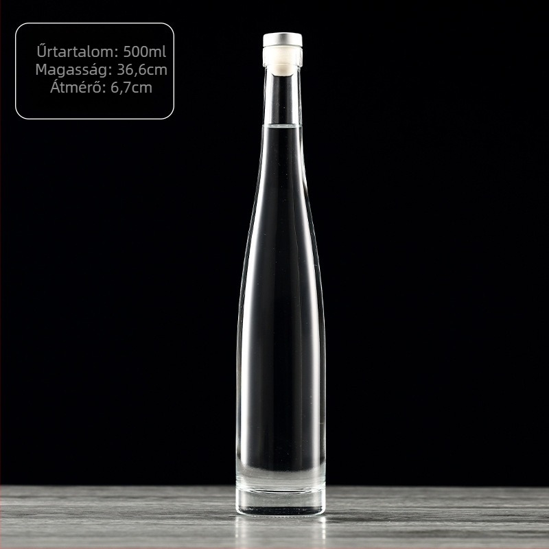 Keskeny kristályüveg vodkához és borhoz, átlátszó vagy matt felülettel, üres italüveg. Elérhető méretek: 200 ml, 375 ml és 500 ml (ovális vagy hosszúkás forma).