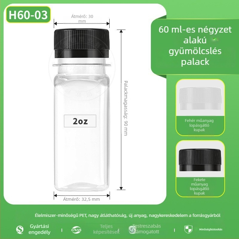 60 ml átlátszó négyszögletes PET italosüveg lopás elleni kupakkal