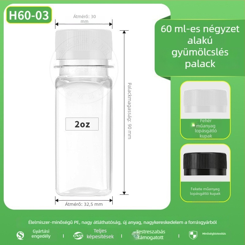 60 ml átlátszó négyszögletes PET italosüveg lopás elleni kupakkal