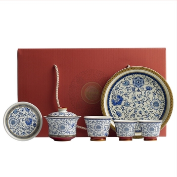 Kék-fehér porcelán fedeles teáscsésze, hőálló, prémium teás készlet