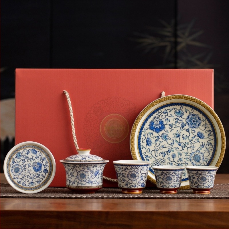 Kék-fehér porcelán fedeles teáscsésze, hőálló, prémium teás készlet