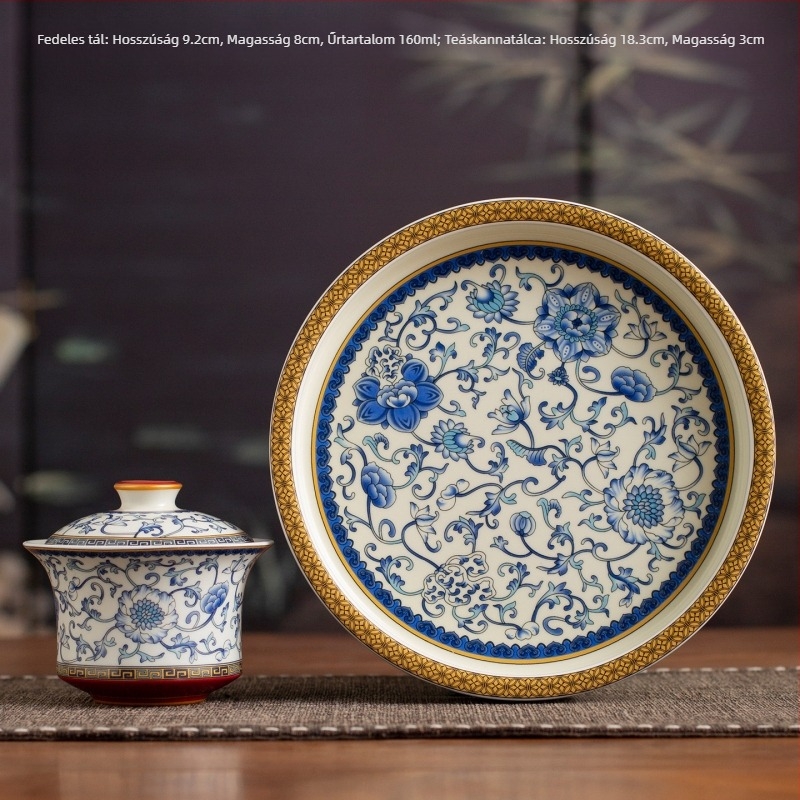 Kék-fehér porcelán fedeles teáscsésze, hőálló, prémium teás készlet