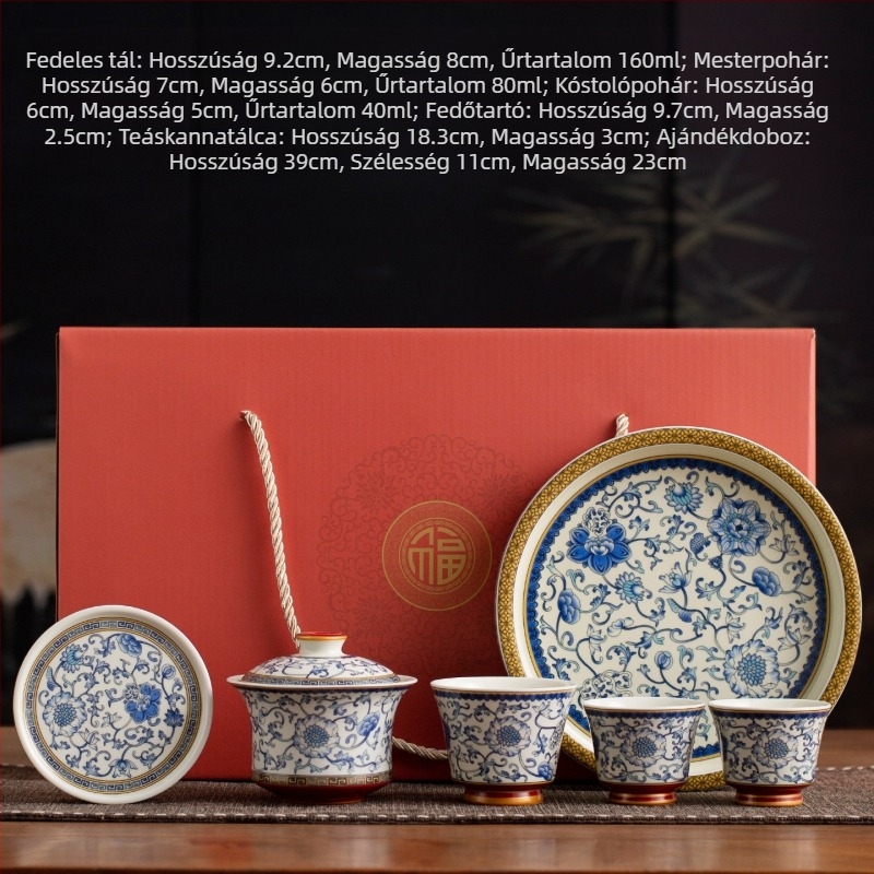 Kék-fehér porcelán fedeles teáscsésze, hőálló, prémium teás készlet