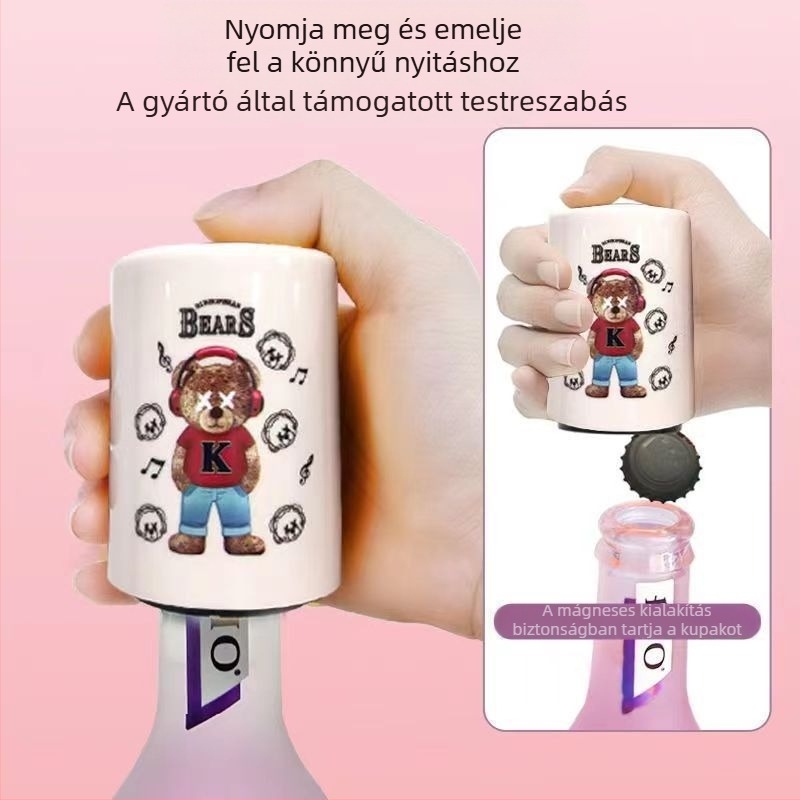 Teddy maci sörösüvegnyitó, nyomó típusú, nyom nélkül, automatikus, személyre szabott kreatív dizájn