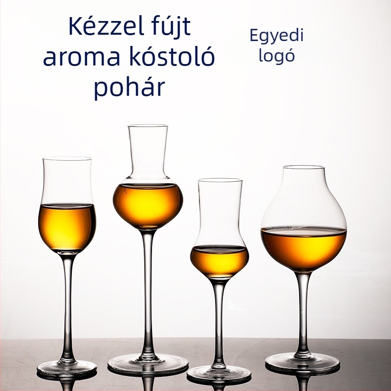 Kristály pohár illat- és kóstoló pohár magas lábbal, egyrészes kialakítású borkóstoló pohár logónyomással