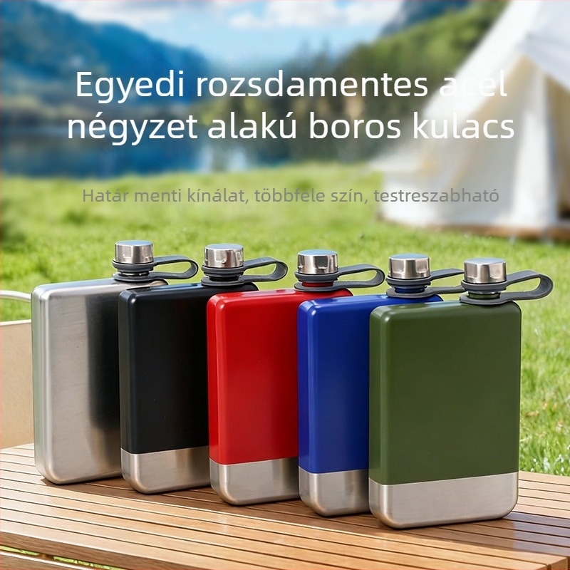 Rozsdamentes acélból készült négyszögletes utazó borosüveg, sík, kompakt autóhoz