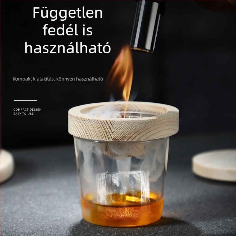 Fából készült füstölt koktélfedél aromainfúzióhoz, whiskyhez és szeszes italokhoz, használható kerek jéggel