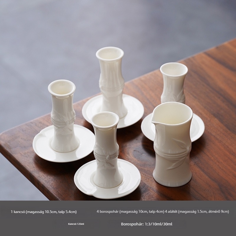 Bambuszmintázatú Dehua kaolinos porcelánbor készlet, kis borosüveg, vörös- és fehérboros pohár, kínai stílus