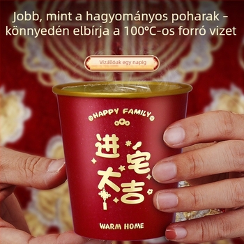 Piros, egyszer használatos papír pohár aranyfóliával, laminált, 201–300 ml, házavató ünnepségre