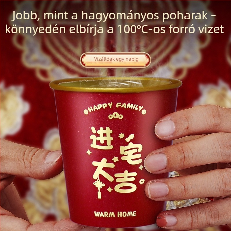 Piros, egyszer használatos papír pohár aranyfóliával, laminált, 201–300 ml, házavató ünnepségre